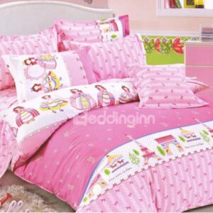 Pretty Pink Princess and Castle Print 4-Piece Cotton Duvet Cover Sets