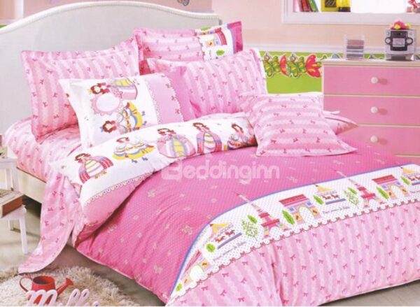 Pretty Pink Princess and Castle Print 4-Piece Cotton Duvet Cover Sets