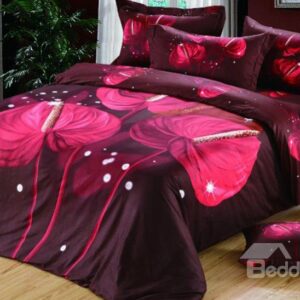 Elegant Red Calla Lily Print 4-Piece Cotton Duvet Cover Sets