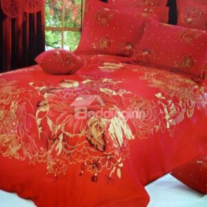 Luxury Red Flower Print 4-Piece Cotton Wedding Duvet Cover Sets