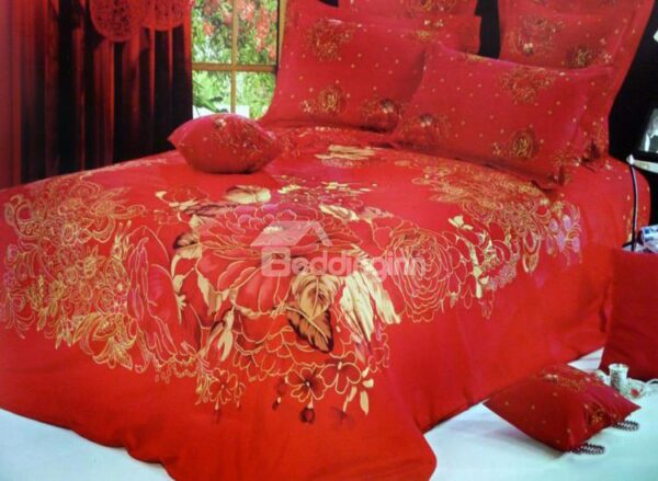 Luxury Red Flower Print 4-Piece Cotton Wedding Duvet Cover Sets