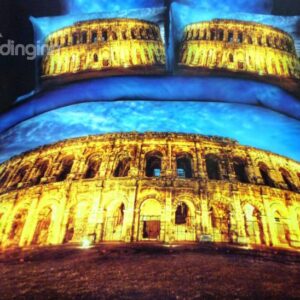 Golden Roman Colosseum Print 4-Piece Cotton Duvet Cover Sets