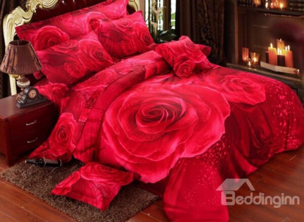 Romantic Big Red Rose Print 4-Piece Wedding Duvet Cover Sets