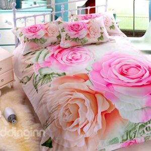 Charming Pink Rose Print 4-Piece Cotton 3D Duvet Cover Sets