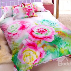 Beautiful Oil Painting Flower Print 4-Piece Cotton Duvet Cover Sets