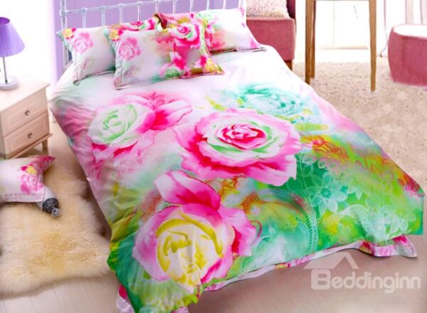 Beautiful Oil Painting Flower Print 4-Piece Cotton Duvet Cover Sets