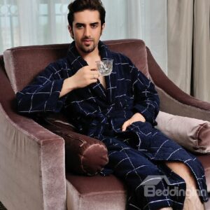 New Arrival Soft Elegant Navy Checks Pattern Male Bathrobe