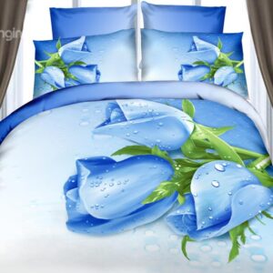 Amazing Dewy Blue Rose Print 4-Piece Cotton Duvet Cover Sets