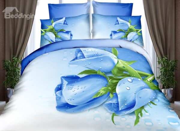 Amazing Dewy Blue Rose Print 4-Piece Cotton Duvet Cover Sets