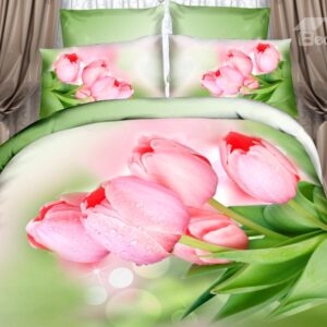 Fancy Pink Tulip Print 4-Piece Cotton Duvet Cover Sets