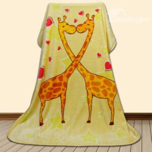 Cozy and Comfortable Two Giraffes Kissing Pattern Children Yellow Blanket