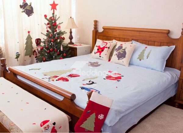 Refreshing European Style Santa Claus and Christmas Carol Embroidery 4 Piece Bedding Set