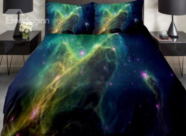 Unbelieveable Green Galaxy and Shiniing Star Print 4-Piece Duvet Cover Sets