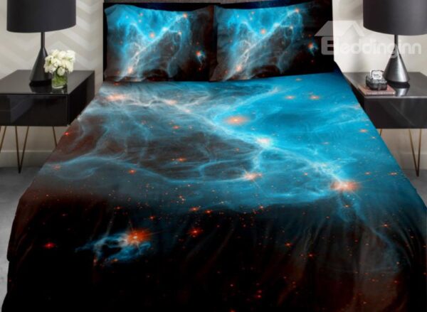 Blue Nebula and Orange Color Star Print 4-Piece Duvet Cover Sets