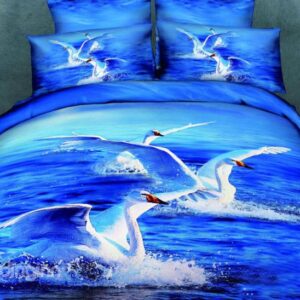 Very Beautiful White Swan Swimming in Blue Lake Print 4-Piece Cotton Duvet Cover Sets