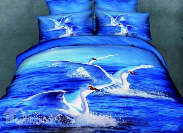 Very Beautiful White Swan Swimming in Blue Lake Print 4-Piece Cotton Duvet Cover Sets