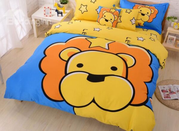 Yellow Cartoon Lion Print 4-Piece Cotton Duvet Cover Sets
