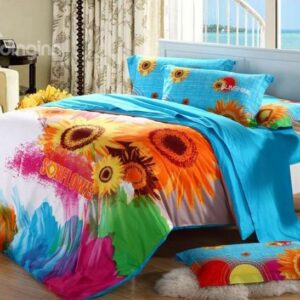 Amazing Pretty Sunflower Printing 4-Piece Cotton Duvet Cover Sets