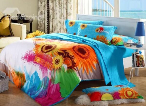 Amazing Pretty Sunflower Printing 4-Piece Cotton Duvet Cover Sets