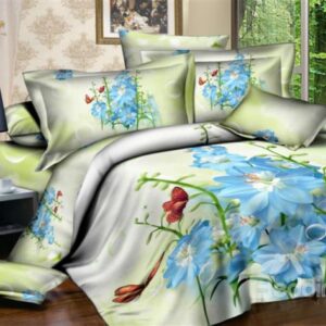 Elegant Blue Flower and Red Butterfly Print 4-Piece Cotton Duvet Cover Sets