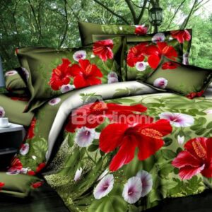 Wonderful Red and Pink Flower Print 4-Piece Cotton Duvet Cover Sets