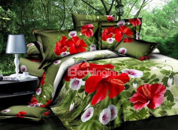 Wonderful Red and Pink Flower Print 4-Piece Cotton Duvet Cover Sets