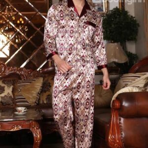 Elegant Silky Jacquard Wine Red Male Pajama