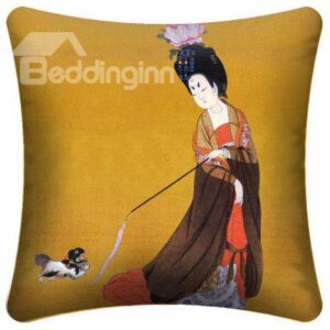 Classic Palace Woman Playing with a Dog Pattern Throw Pillow