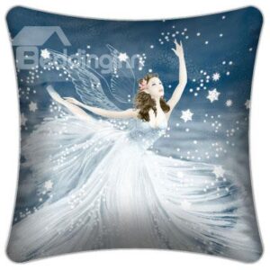 Fancy White Flying Fairy and Snowflakes Pattern Throw Pillow