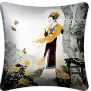 High Quality Ancient Lady Staring Chrysanthemum Pattern Throw Pillow