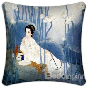 Fancy Ancient Beautiful Lady Surrounded by Lotus Pattern Throw Pillow