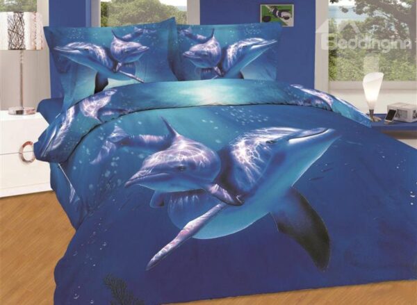 Amazing Dolphin Swimming in Sea Print 4-Piece Cotton Duvet Cover Sets