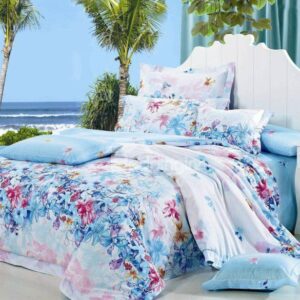 Sky Blue Floral Pattern 4-Piece Cotton Duvet Cover Sets