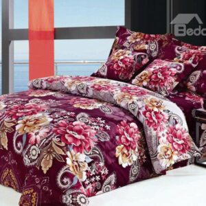 Luxury Burgundy Floral Pattern 4-Piece Cotton Duvet Cover Sets