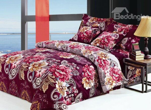 Luxury Burgundy Floral Pattern 4-Piece Cotton Duvet Cover Sets