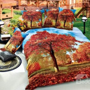 Flourishing Red Maple Tree Print 4-Piece Cotton Duvet Cover Sets