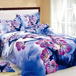 Pink Plum Blossom with Blue Background Print 4-Piece Cotton Duvet Cover Sets