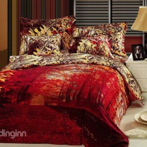 Splendid Red Maple's Woods Print 4-Piece Cotton Duvet Cover Sets