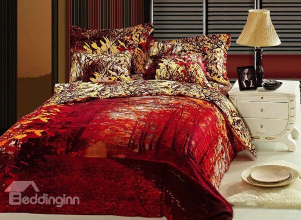 Splendid Red Maple's Woods Print 4-Piece Cotton Duvet Cover Sets