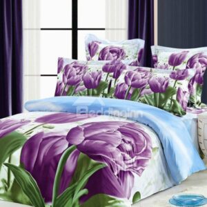 Purple Tulip Print 4-Piece Cotton Duvet Cover Sets