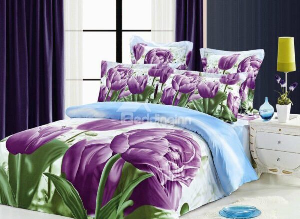 Purple Tulip Print 4-Piece Cotton Duvet Cover Sets