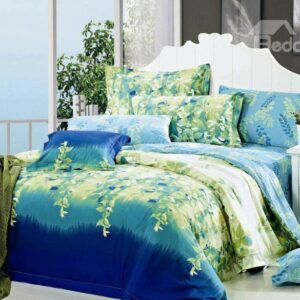 Green Twigs Print 4-Piece Cotton Duvet Cover Sets