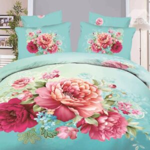 Red Peony with Green Background Print 4-Piece Cotton Duvet Cover Sets