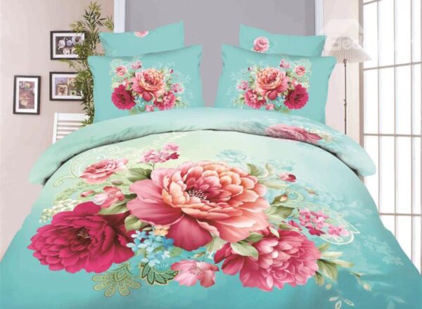 Red Peony with Green Background Print 4-Piece Cotton Duvet Cover Sets