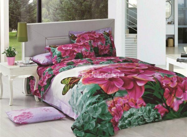 Stunning Butterfly and Flower Print 4-Piece Cotton Duvet Cover Sets