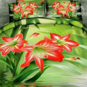 Amazing Red Daffodil Flower Print 4-Piece Cotton Duvet Cover Sets