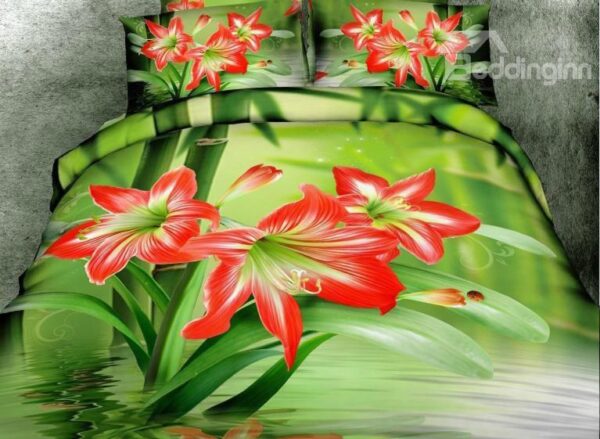 Amazing Red Daffodil Flower Print 4-Piece Cotton Duvet Cover Sets