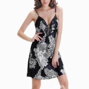 Attractive Sexy Black V-neckline Lace Border Loungewear