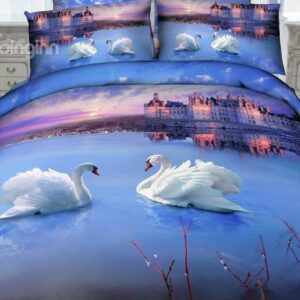 White Swan and Castle Print 4-Piece Cotton Duvet Cover Sets