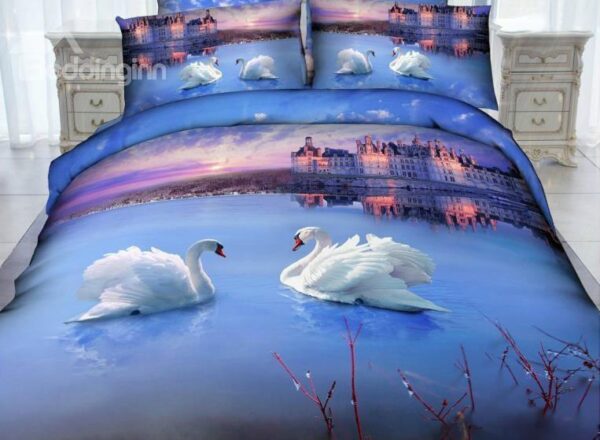 White Swan and Castle Print 4-Piece Cotton Duvet Cover Sets